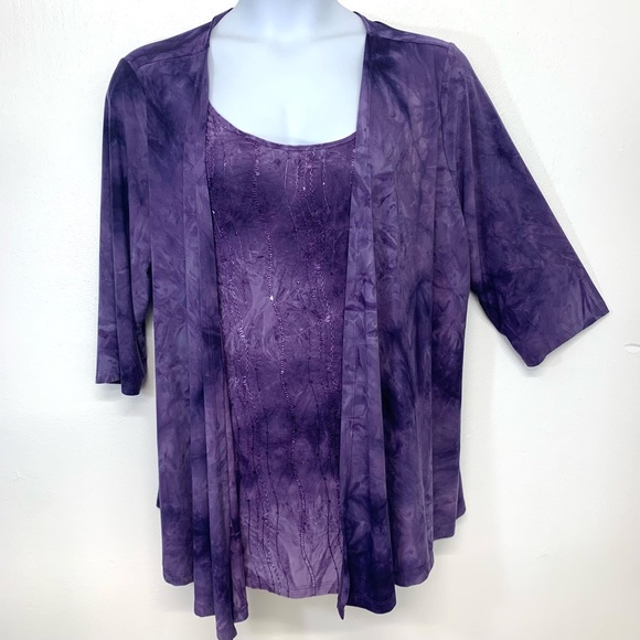Catherines Top Woman 1X Purple  Stretch Knit Faux Twin Sequins Scoop Neck - Picture 1 of 8